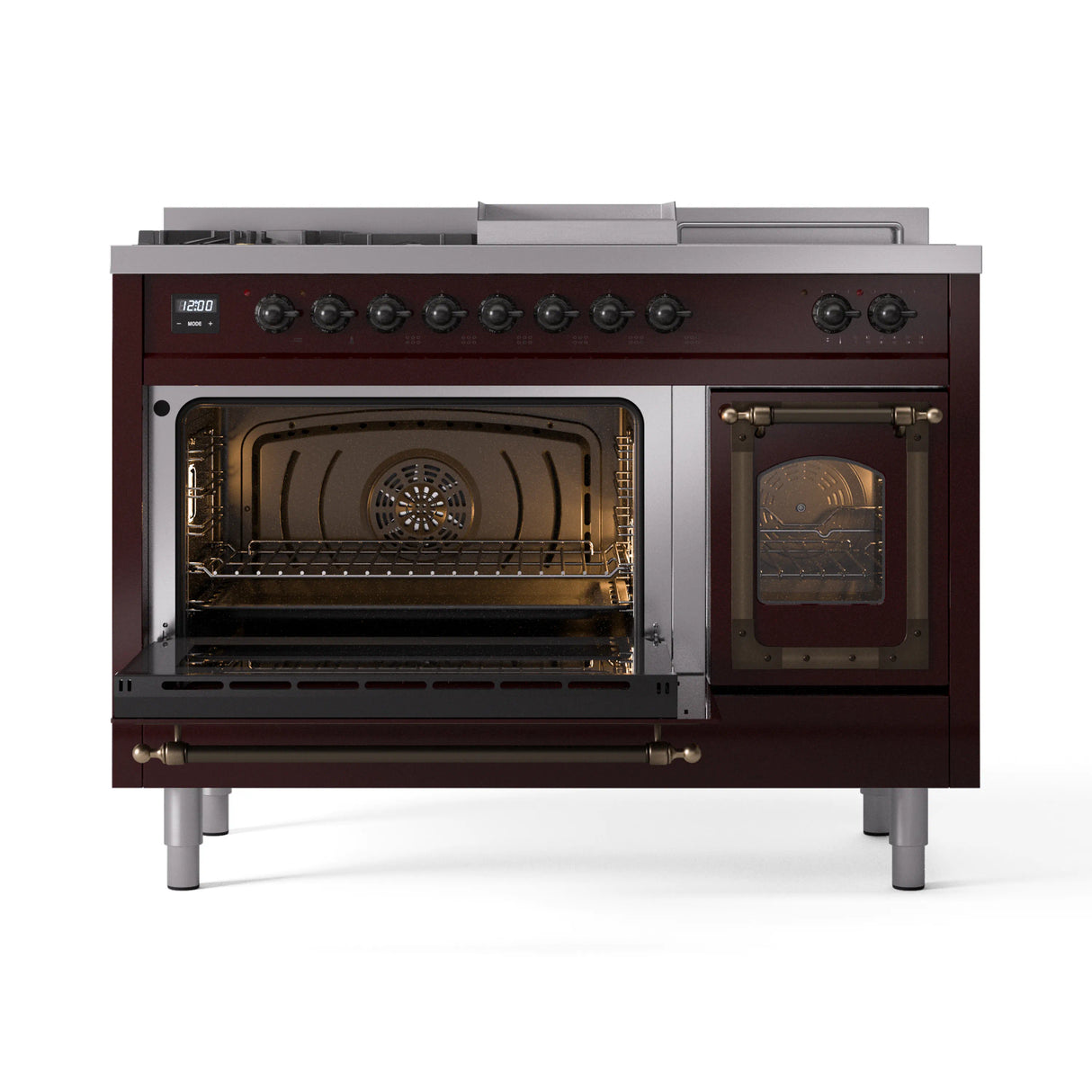 ILVE Nostalgie II Noblesse 48-Inch Propane Gas Dual Fuel Range with 5 Burners, Griddle, & French Top with Triple Glass Door Oven in Burgundy with Bronze Trim (UN48FSNMPBUBLP)