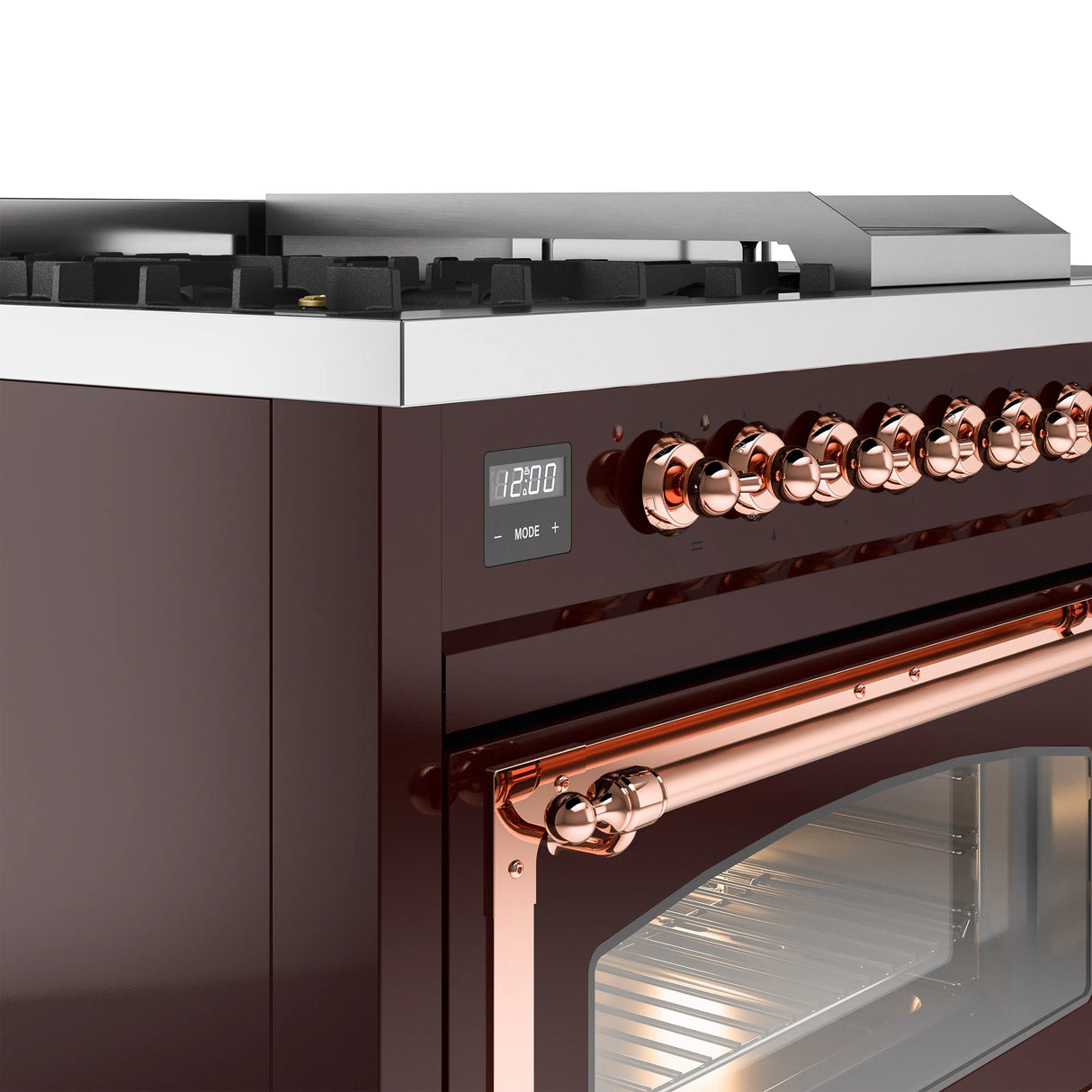 ILVE Nostalgie II Noblesse 48-Inch Natural Gas Dual Fuel Range with 5 Burners, Griddle, & French Top with Triple Glass Door Oven in Burgundy with Copper Trim (UN48FSNMPBUP)