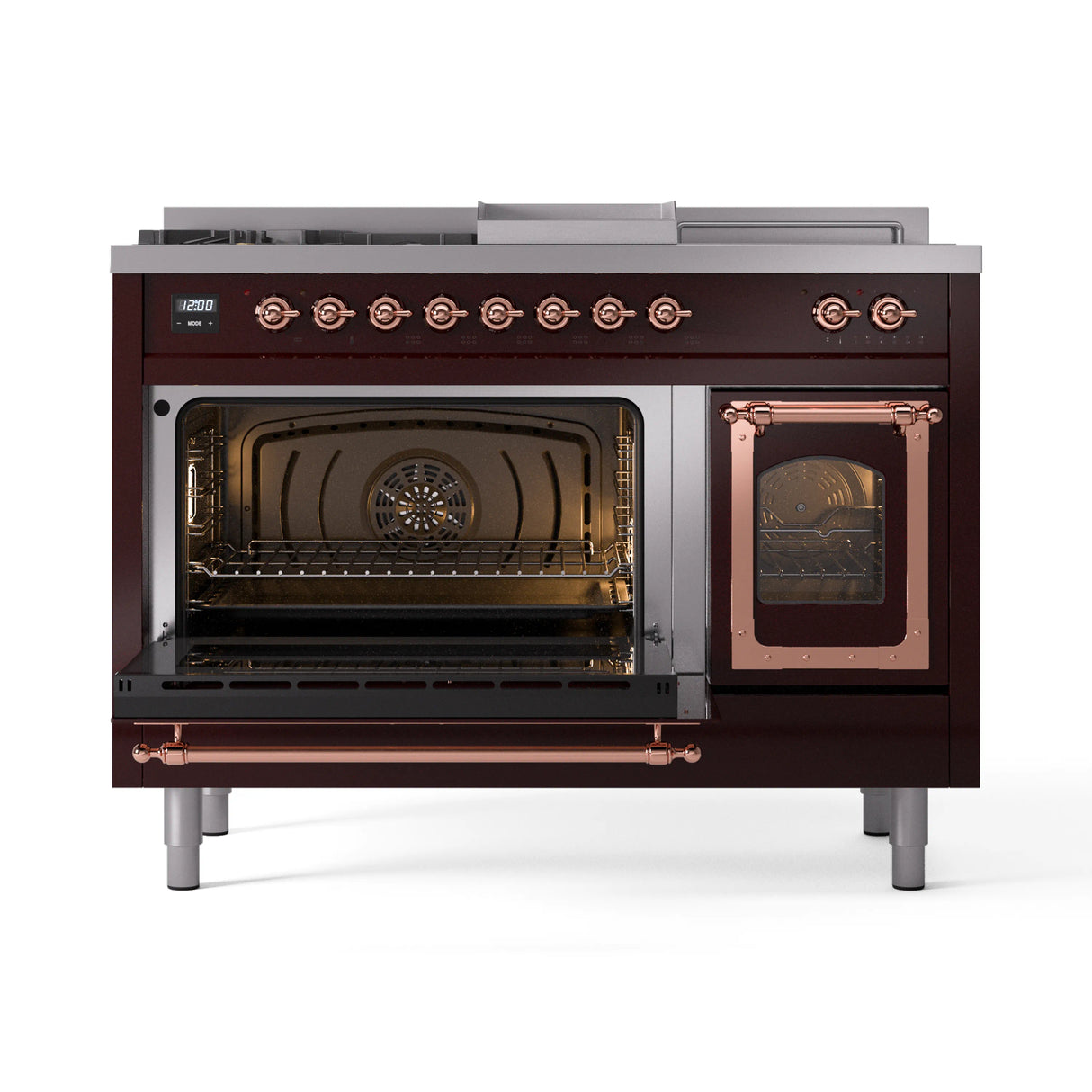 ILVE Nostalgie II Noblesse 48-Inch Natural Gas Dual Fuel Range with 5 Burners, Griddle, & French Top with Triple Glass Door Oven in Burgundy with Copper Trim (UN48FSNMPBUP)