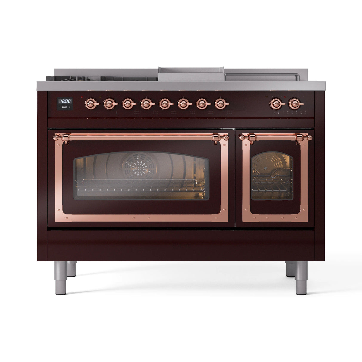 ILVE Nostalgie II Noblesse 48-Inch Natural Gas Dual Fuel Range with 5 Burners, Griddle, & French Top with Triple Glass Door Oven in Burgundy with Copper Trim (UN48FSNMPBUP)