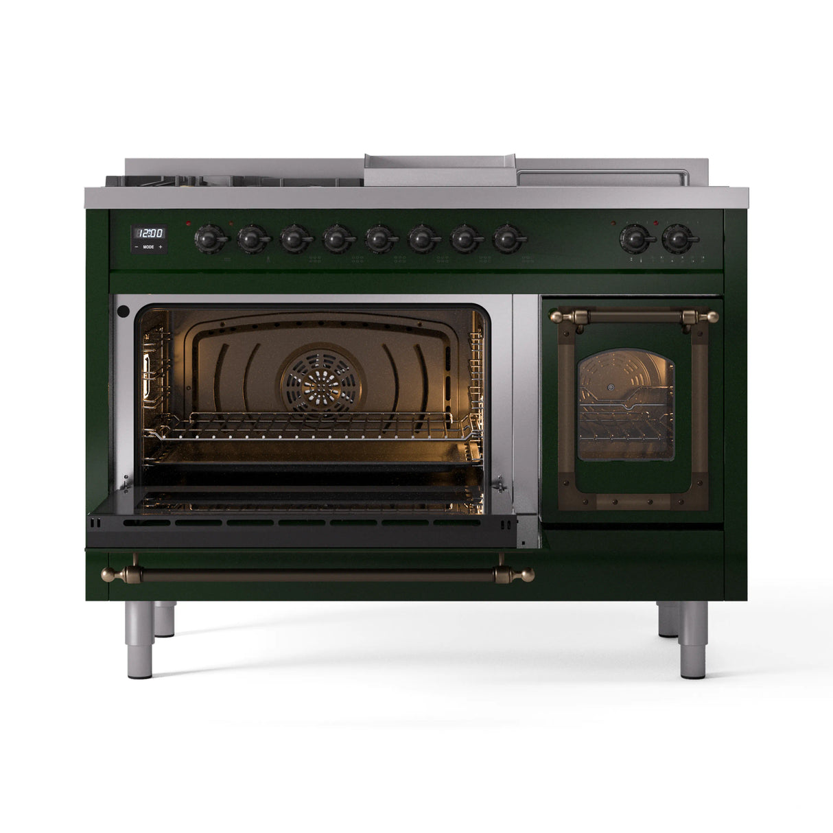 ILVE Nostalgie II Noblesse 48-Inch Natural Gas Dual Fuel Range with 5 Burners, Griddle, & French Top with Triple Glass Door Oven in Emerald Green with Bronze Trim (UN48FSNMPEGB)
