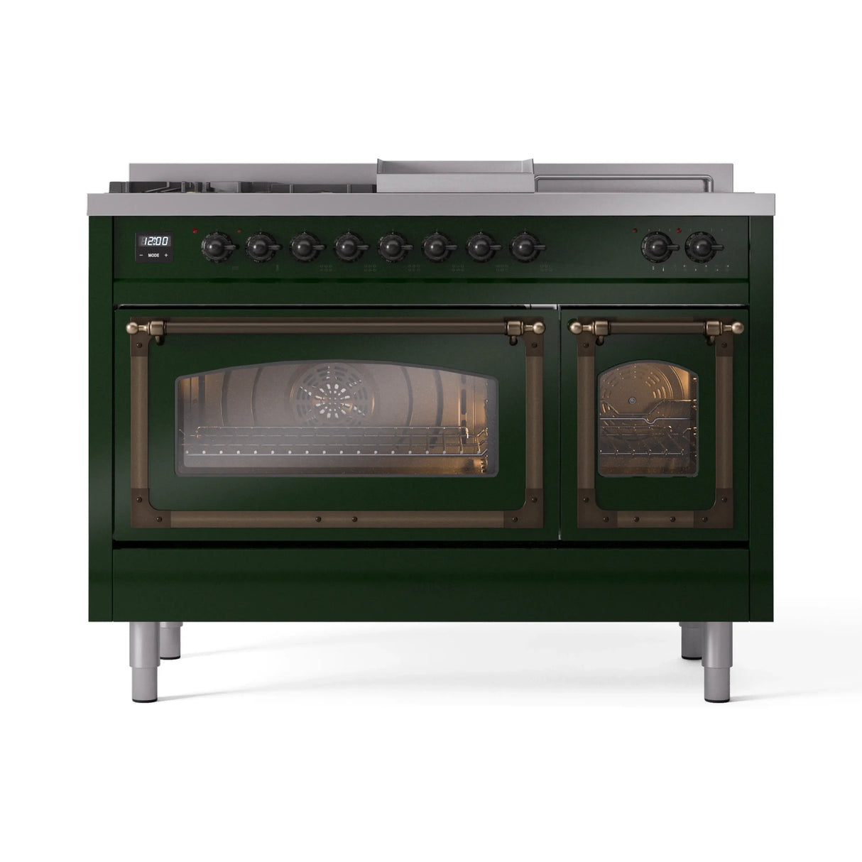 ILVE Nostalgie II Noblesse 48-Inch Natural Gas Dual Fuel Range with 5 Burners, Griddle, & French Top with Triple Glass Door Oven in Emerald Green with Bronze Trim (UN48FSNMPEGB)
