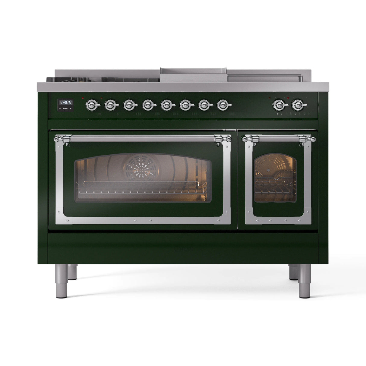 ILVE Nostalgie II Noblesse 48-Inch Natural Gas Dual Fuel Range with 5 Burners, Griddle, & French Top with Triple Glass Door Oven in Emerald Green with Chrome Trim (UN48FSNMPEGC)