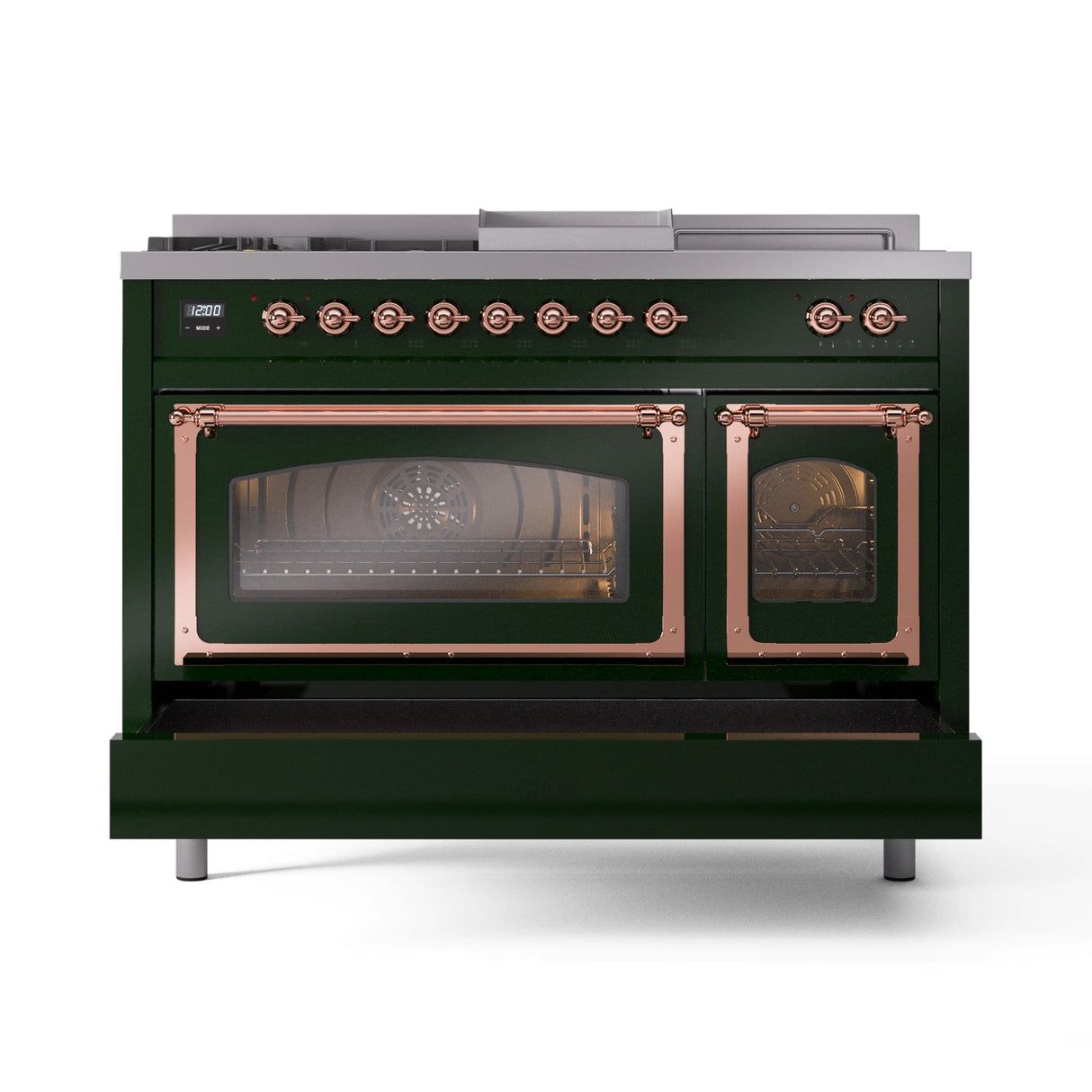 ILVE Nostalgie II Noblesse 48-Inch Natural Gas Dual Fuel Range with 5 Burners, Griddle, & French Top with Triple Glass Door Oven in Emerald Green with Copper Trim (UN48FSNMPEGP)