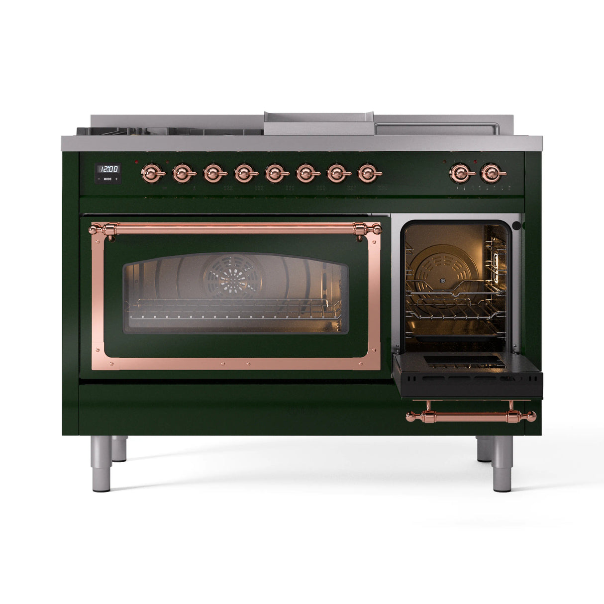 ILVE Nostalgie II Noblesse 48-Inch Natural Gas Dual Fuel Range with 5 Burners, Griddle, & French Top with Triple Glass Door Oven in Emerald Green with Copper Trim (UN48FSNMPEGP)