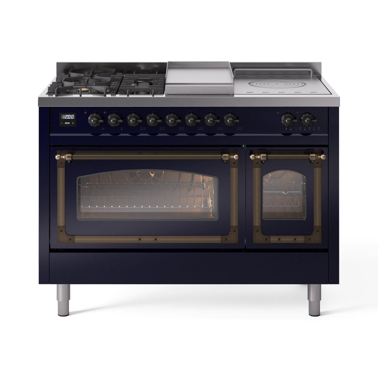ILVE 48-Inch Nostalgie II Noblesse Natural Gas Dual Fuel Range with 5 Sealed Burners, Griddle, French Top and Triple Glass Door Oven in Midnight Blue with Bronze Trim (UN48FSNMPMBB)