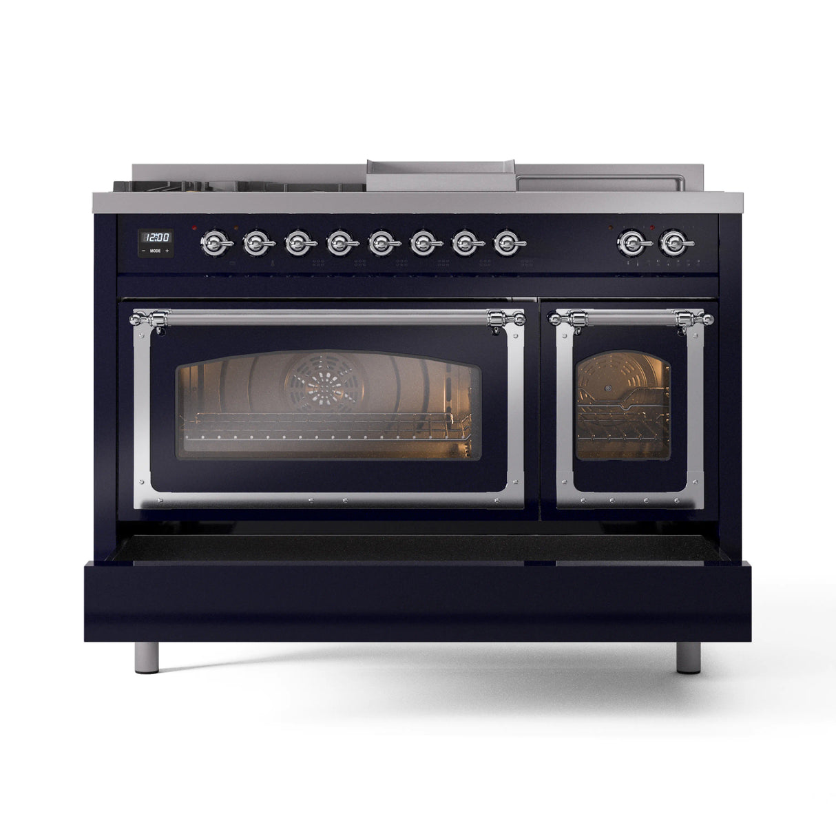 ILVE 48-Inch Nostalgie II Noblesse Natural Gas Dual Fuel Range with 5 Sealed Burners, Griddle, French Top and Triple Glass Door Oven in Midnight Blue with Chrome Trim (UN48FSNMPMBC)
