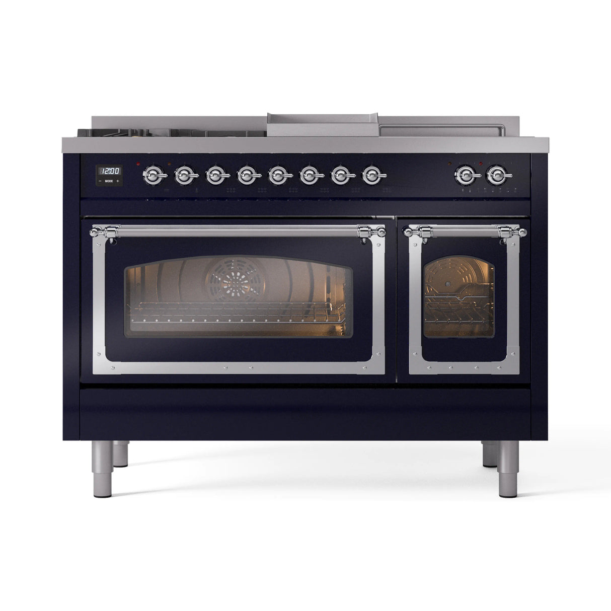 ILVE 48-Inch Nostalgie II Noblesse Natural Gas Dual Fuel Range with 5 Sealed Burners, Griddle, French Top and Triple Glass Door Oven in Midnight Blue with Chrome Trim (UN48FSNMPMBC)