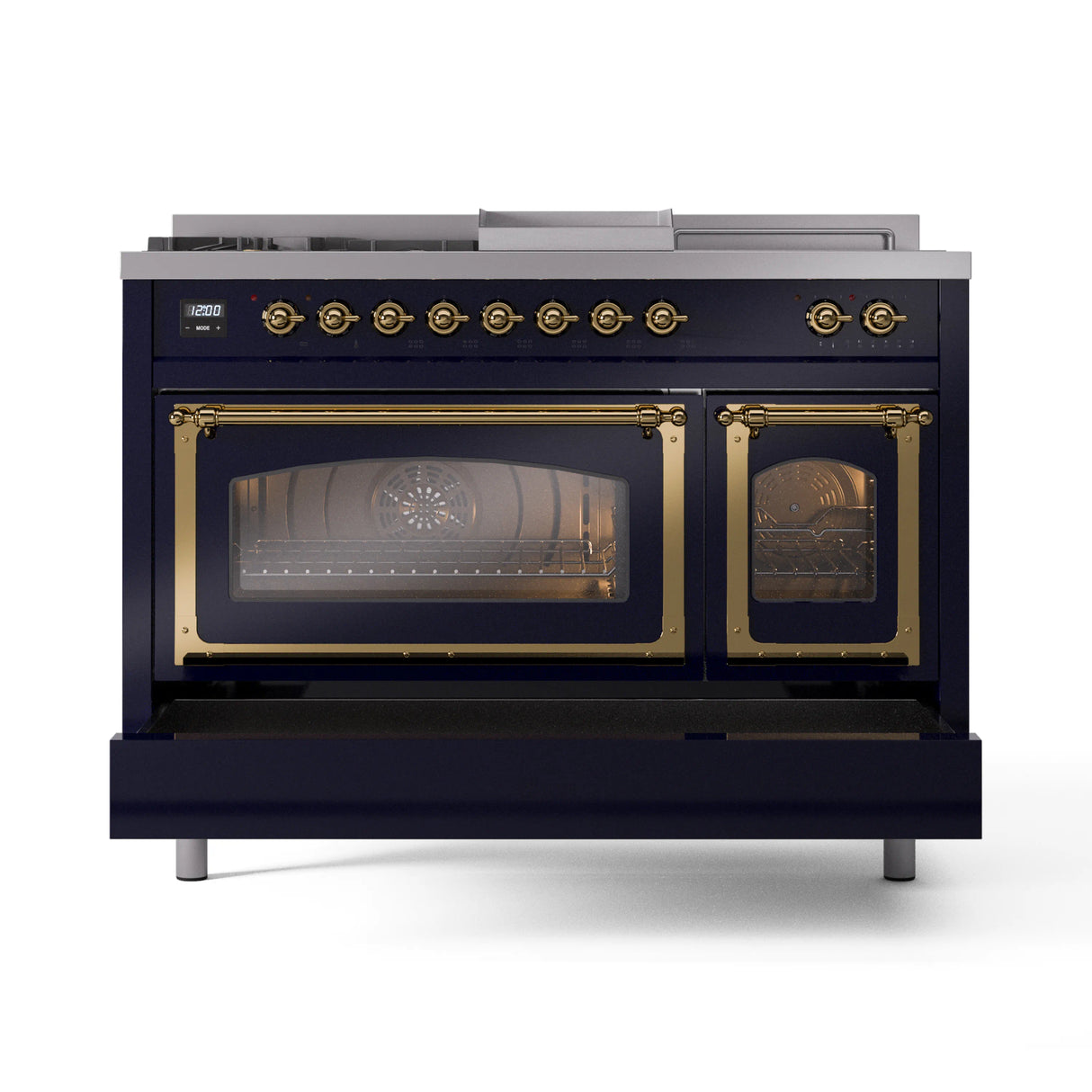 ILVE 48-Inch Nostalgie II Noblesse Natural Gas Dual Fuel Range with 5 Sealed Burners, Griddle, French Top and Triple Glass Door Oven in Midnight Blue with Brass Trim (UN48FSNMPMBG)