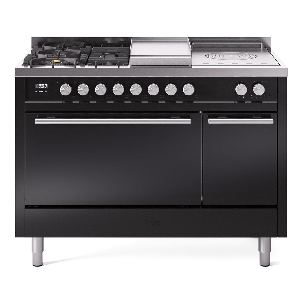 ILVE Professional Plus II 48-inch Propane Gas Dual Fuel Range with 5 Burners, Griddle, & French Top with Solid Door Oven in Glossy Black (UP48FSQMPBKLP)