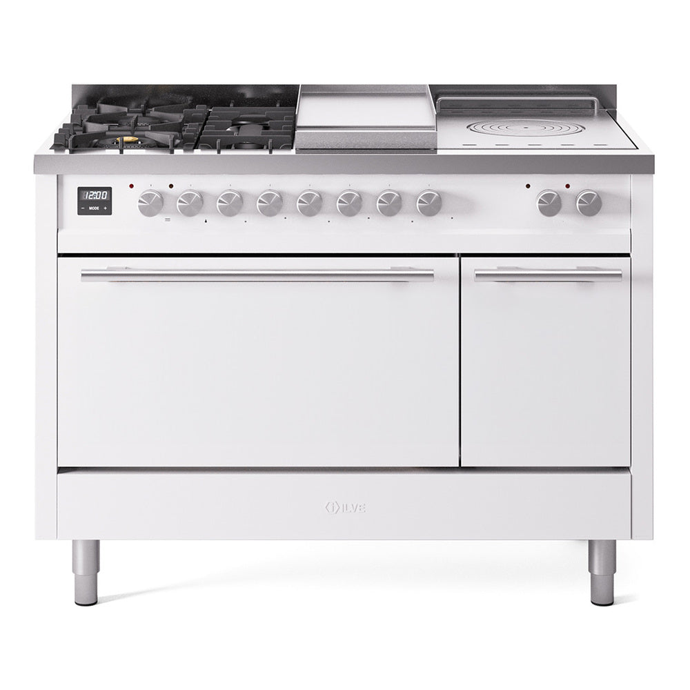 ILVE Professional Plus II 48-inch Natural Gas Dual Fuel Range with 5 Burners, Griddle, & French Top with Solid Door Oven in White (UP48FSQMPWH)