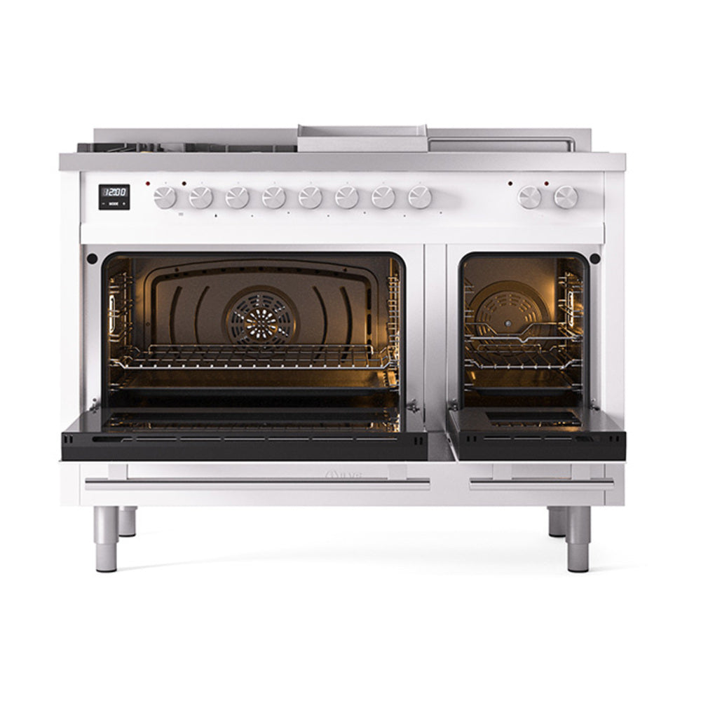 ILVE Professional Plus II 48-inch Natural Gas Dual Fuel Range with 5 Burners, Griddle, & French Top with Solid Door Oven in White (UP48FSQMPWH)