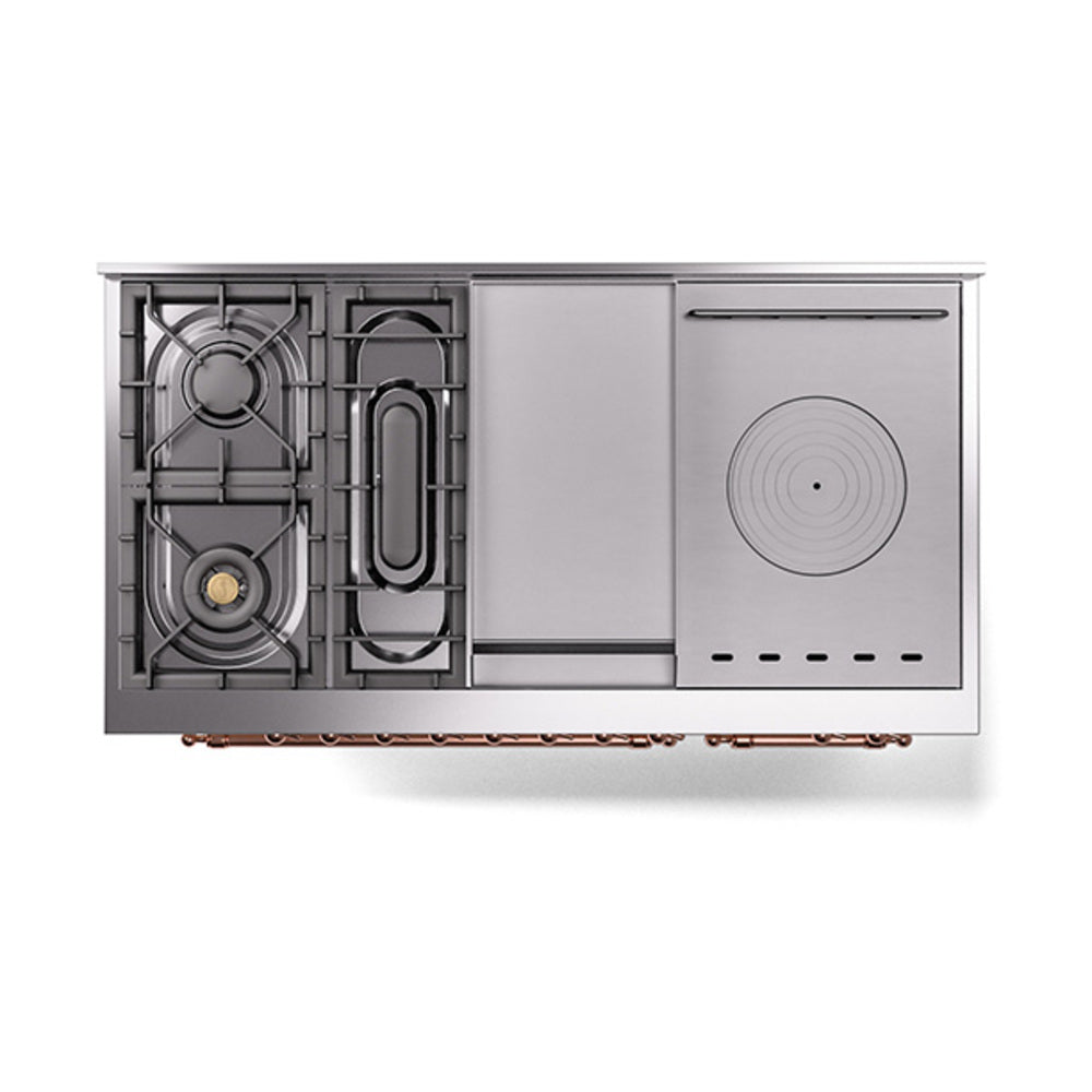 ILVE Nostalgie II 48-Inch Propane Gas Dual Fuel Range with 5 Burners, Griddle, & French Top, with Solid Door Oven in Antique White with Copper Trim (UP48FSQNMPAWPLP)