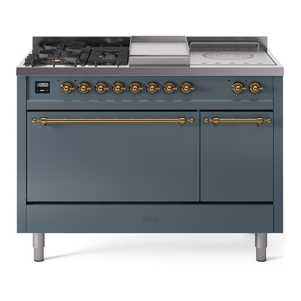 ILVE Nostalgie II 48-Inch Propane Gas Dual Fuel Range with 5 Burners, Griddle, & French Top, with Solid Door Oven in Blue Grey with Brass Trim (UP48FSQNMPBGGLP)