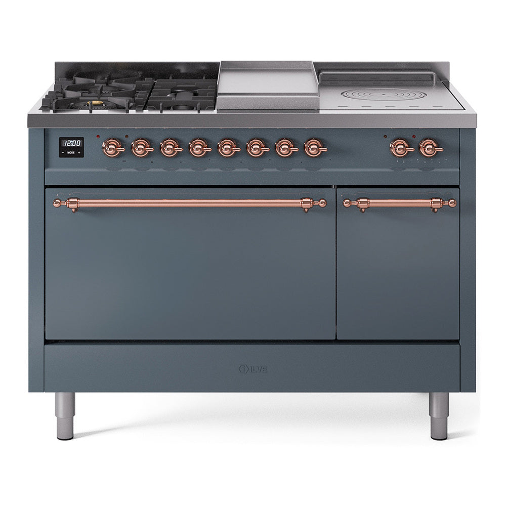 ILVE Nostalgie II 48-Inch Natural Gas Dual Fuel Range with 5 Burners, Griddle, & French Top, with Solid Door Oven in Blue Grey with Copper Trim (UP48FSQNMPBGP)