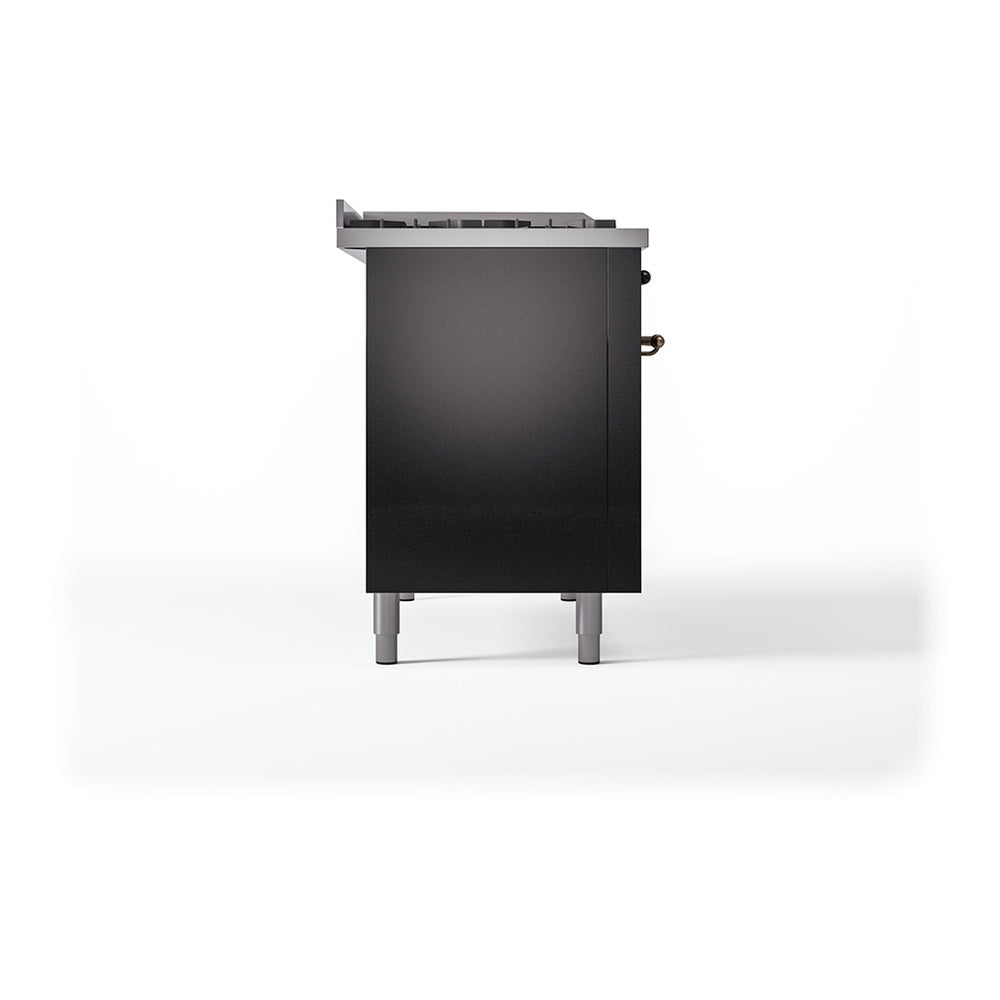 ILVE Nostalgie II 48-Inch Propane Gas Dual Fuel Range with 5 Burners, Griddle, & French Top, with Solid Door Oven in Glossy Black with Bronze Trim (UP48FSQNMPBKBLP)