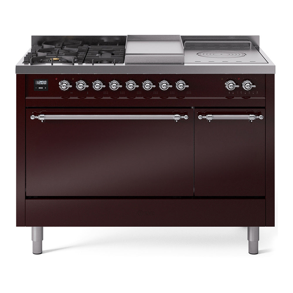 ILVE Nostalgie II 48-Inch Natural Gas Dual Fuel Range with 5 Burners, Griddle, & French Top, with Solid Door Oven in Burgundy with Chrome Trim (UP48FSQNMPBUC)