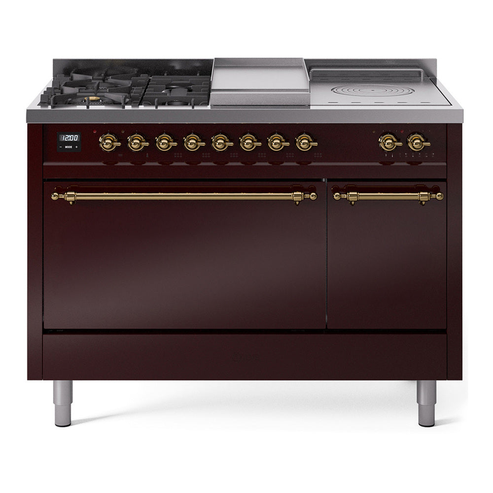 ILVE Nostalgie II 48-Inch Propane Gas Dual Fuel Range with 5 Burners, Griddle, & French Top, with Solid Door Oven in Burgundy with Brass Trim (UP48FSQNMPBUGLP)
