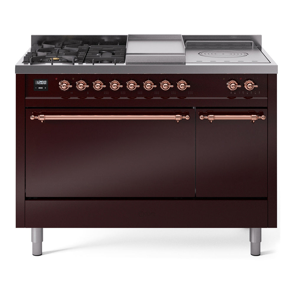 ILVE Nostalgie II 48-Inch Natural Gas Dual Fuel Range with 5 Burners, Griddle, & French Top, with Solid Door Oven in Burgundy with Copper Trim (UP48FSQNMPBUP)
