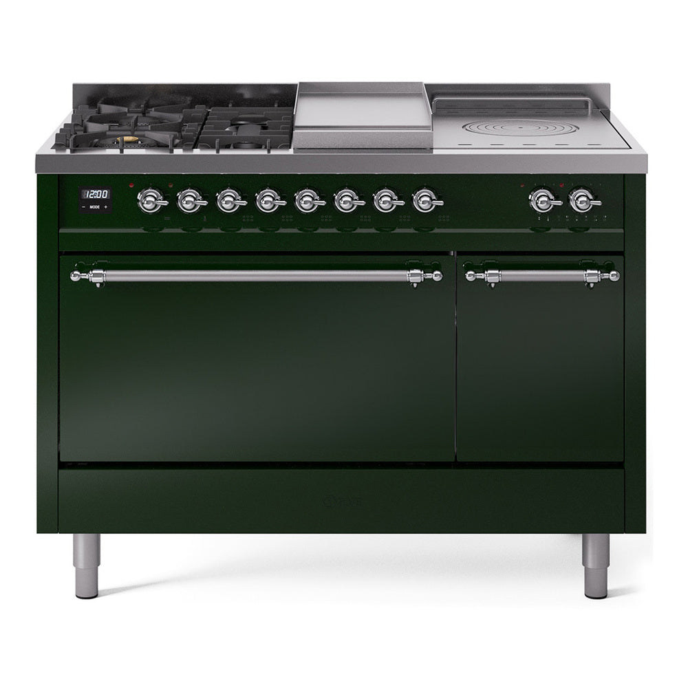 ILVE Nostalgie II 48-Inch Propane Gas Dual Fuel Range with 5 Burners, Griddle, & French Top, with Solid Door Oven in Emerald Green with Chrome Trim (UP48FSQNMPEGCLP)
