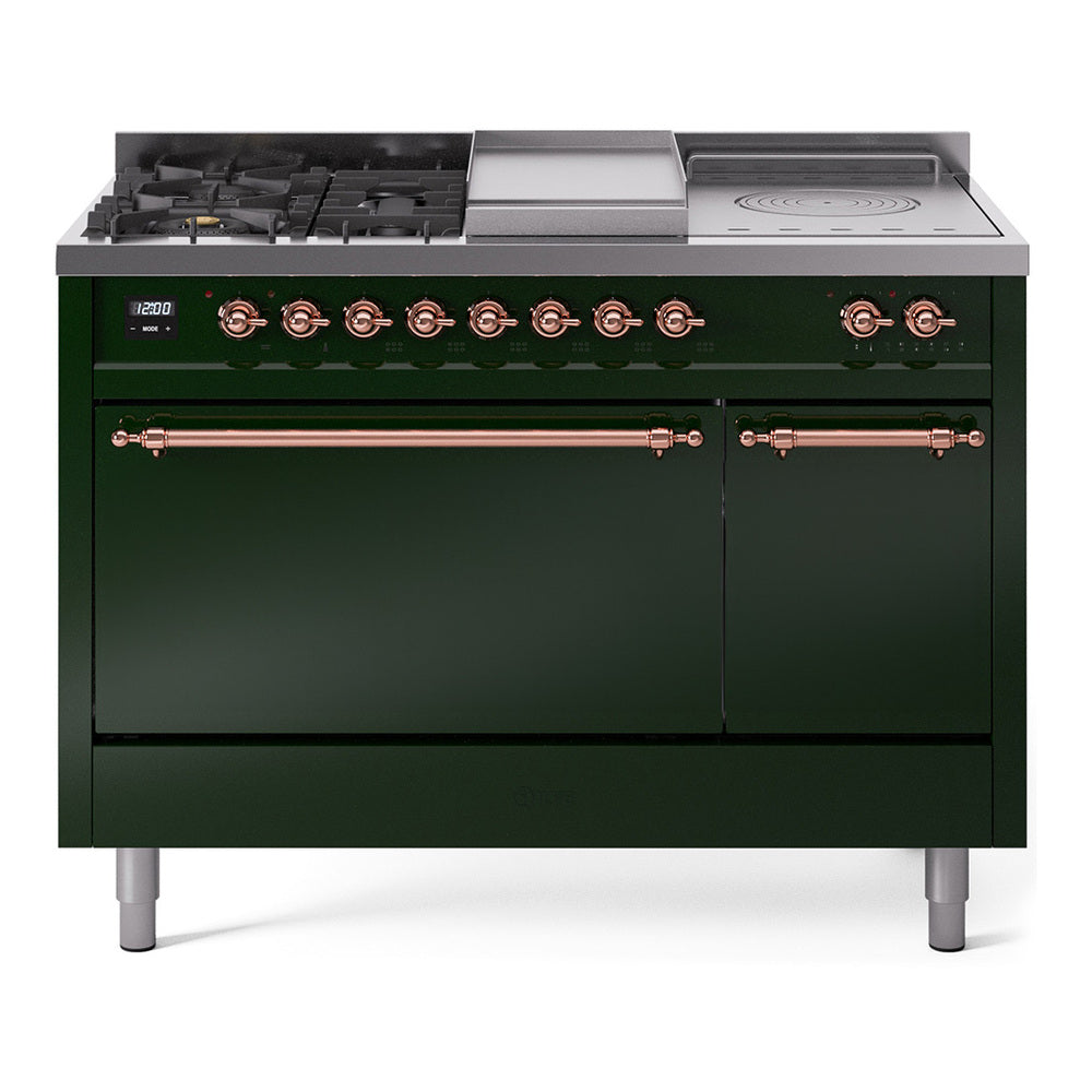 ILVE Nostalgie II 48-Inch Natural Gas Dual Fuel Range with 5 Burners, Griddle, & French Top, with Solid Door Oven in Emerald Green with Copper Trim (UP48FSQNMPEGP)