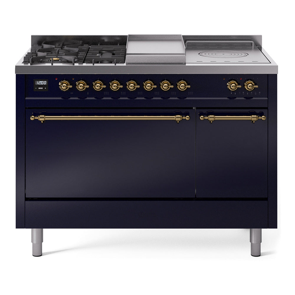 ILVE Nostalgie II 48-Inch Propane Gas Dual Fuel Range with 5 Burners, Griddle, & French Top, with Solid Door Oven in Midnight Blue with Brass Trim (UP48FSQNMPMBGLP)