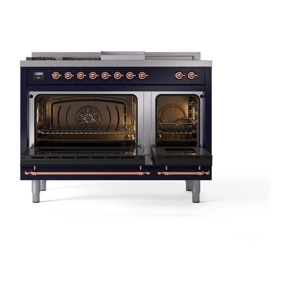 ILVE Nostalgie II 48-Inch Propane Gas Dual Fuel Range with 5 Burners, Griddle, & French Top, with Solid Door Oven in Midnight Blue with Copper Trim (UP48FSQNMPMBPLP)
