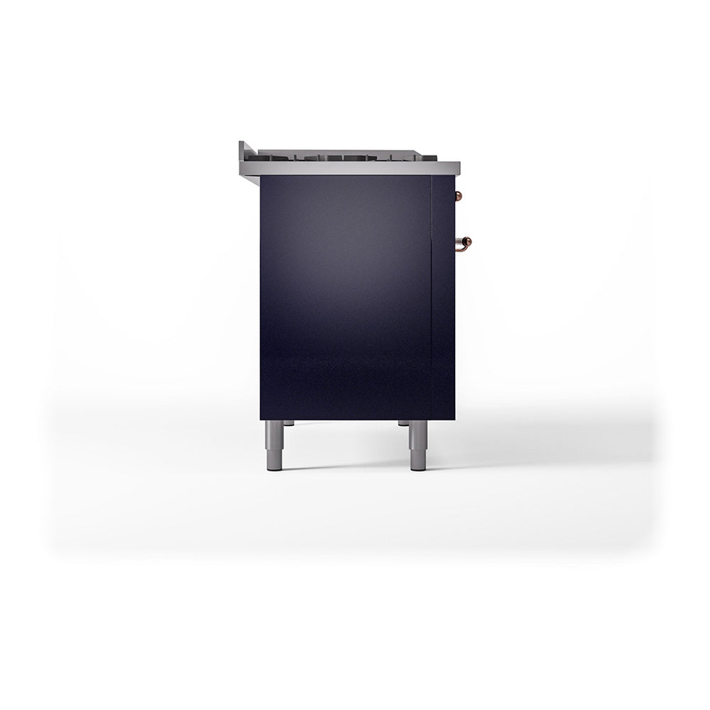 ILVE Nostalgie II 48-Inch Propane Gas Dual Fuel Range with 5 Burners, Griddle, & French Top, with Solid Door Oven in Midnight Blue with Copper Trim (UP48FSQNMPMBPLP)