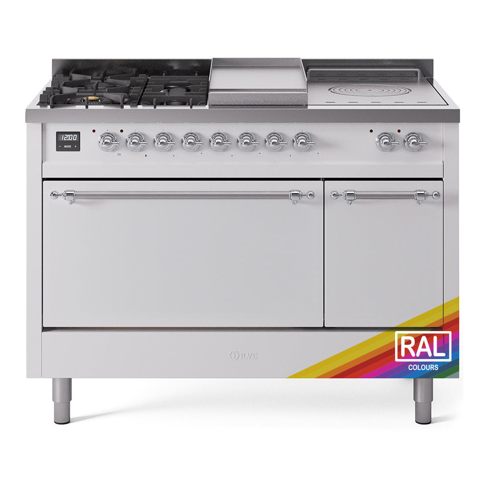 ILVE Nostalgie II 48-Inch Propane Gas Dual Fuel Range with 5 Burners, Griddle, & French Top, with Solid Door Oven in Custom RAL with Chrome Trim (UP48FSQNMPRACLP)