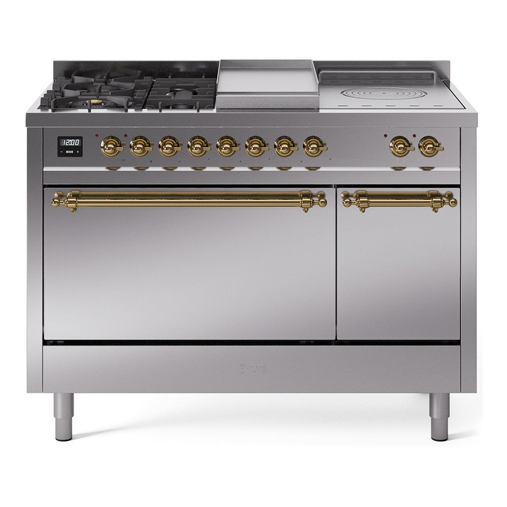 ILVE Nostalgie II 48-Inch Propane Gas Dual Fuel Range with 5 Burners, Griddle, & French Top, with Solid Door Oven in Stainless Steel with Brass Trim (UP48FSQNMPSSGLP)