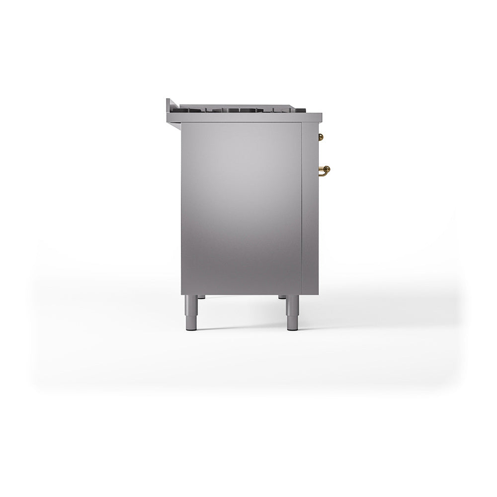 ILVE Nostalgie II 48-Inch Propane Gas Dual Fuel Range with 5 Burners, Griddle, & French Top, with Solid Door Oven in Stainless Steel with Brass Trim (UP48FSQNMPSSGLP)