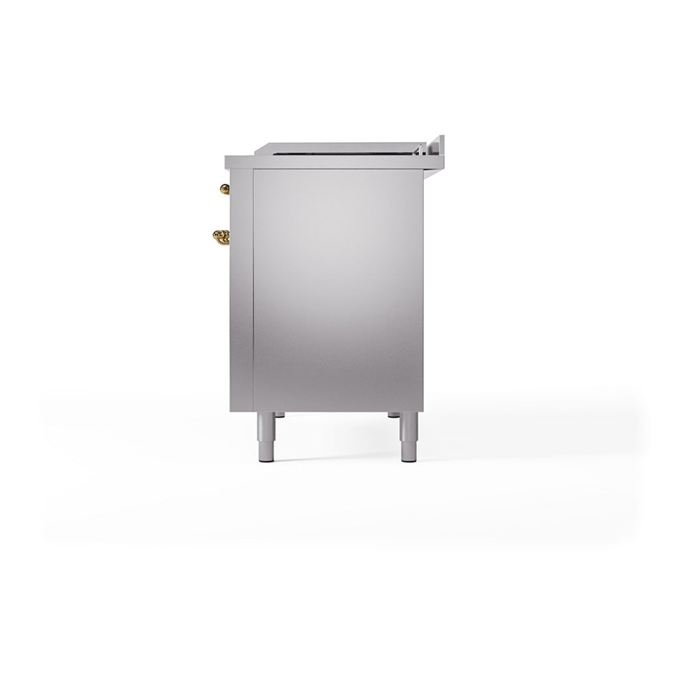 ILVE Nostalgie II 48-Inch Propane Gas Dual Fuel Range with 5 Burners, Griddle, & French Top, with Solid Door Oven in Stainless Steel with Brass Trim (UP48FSQNMPSSGLP)