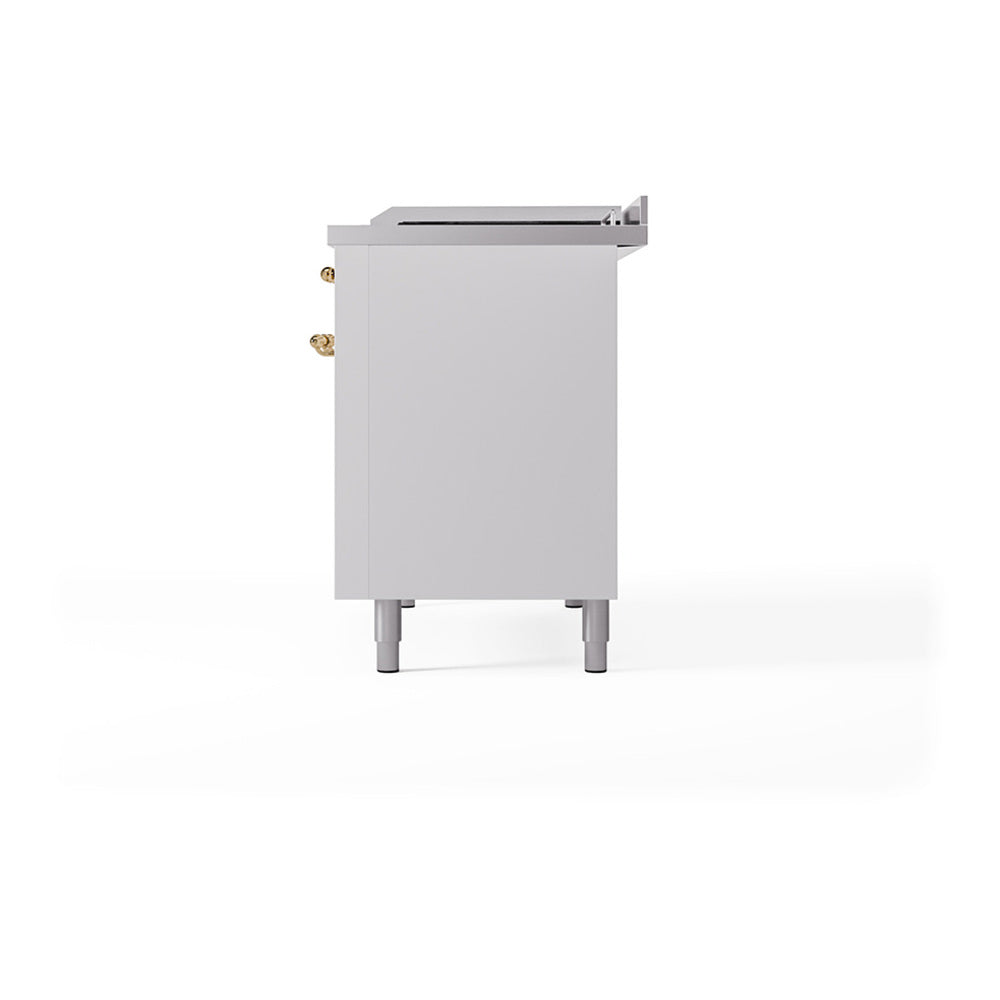 ILVE Nostalgie II 48-Inch Propane Gas Dual Fuel Range with 5 Burners, Griddle, & French Top, with Solid Door Oven in White with Brass Trim (UP48FSQNMPWHGLP)