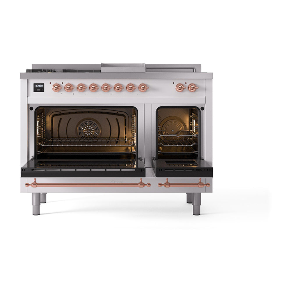 ILVE Nostalgie II 48-Inch Propane Gas Dual Fuel Range with 5 Burners, Griddle, & French Top, with Solid Door Oven in White with Copper Trim (UP48FSQNMPWHPLP)