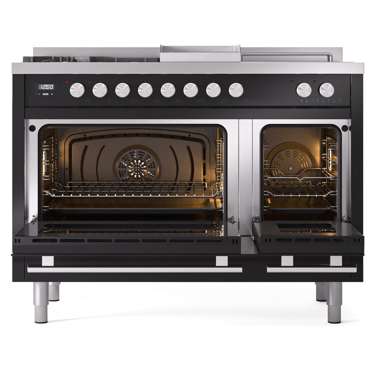 ILVE 48-inch Professional Plus II Propane Gas Dual Fuel Range with 5 Burners, Griddle, French Top, and Triple Glass Door Oven in Glossy Black (UP48FSWMPBKLP)