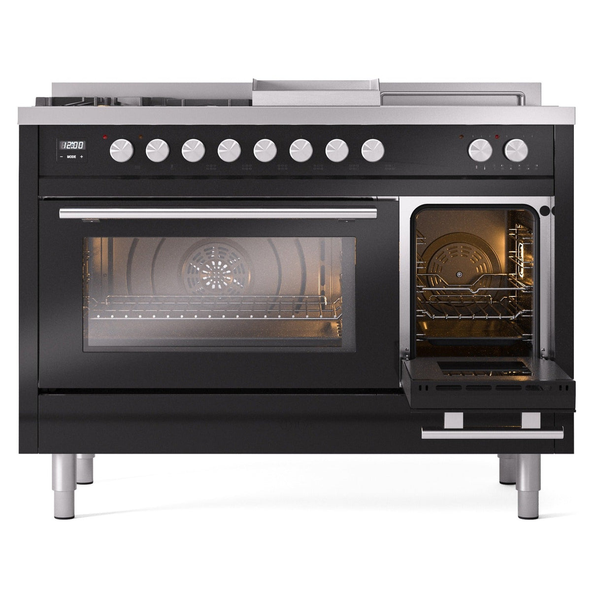 ILVE 48-inch Professional Plus II Propane Gas Dual Fuel Range with 5 Burners, Griddle, French Top, and Triple Glass Door Oven in Glossy Black (UP48FSWMPBKLP)