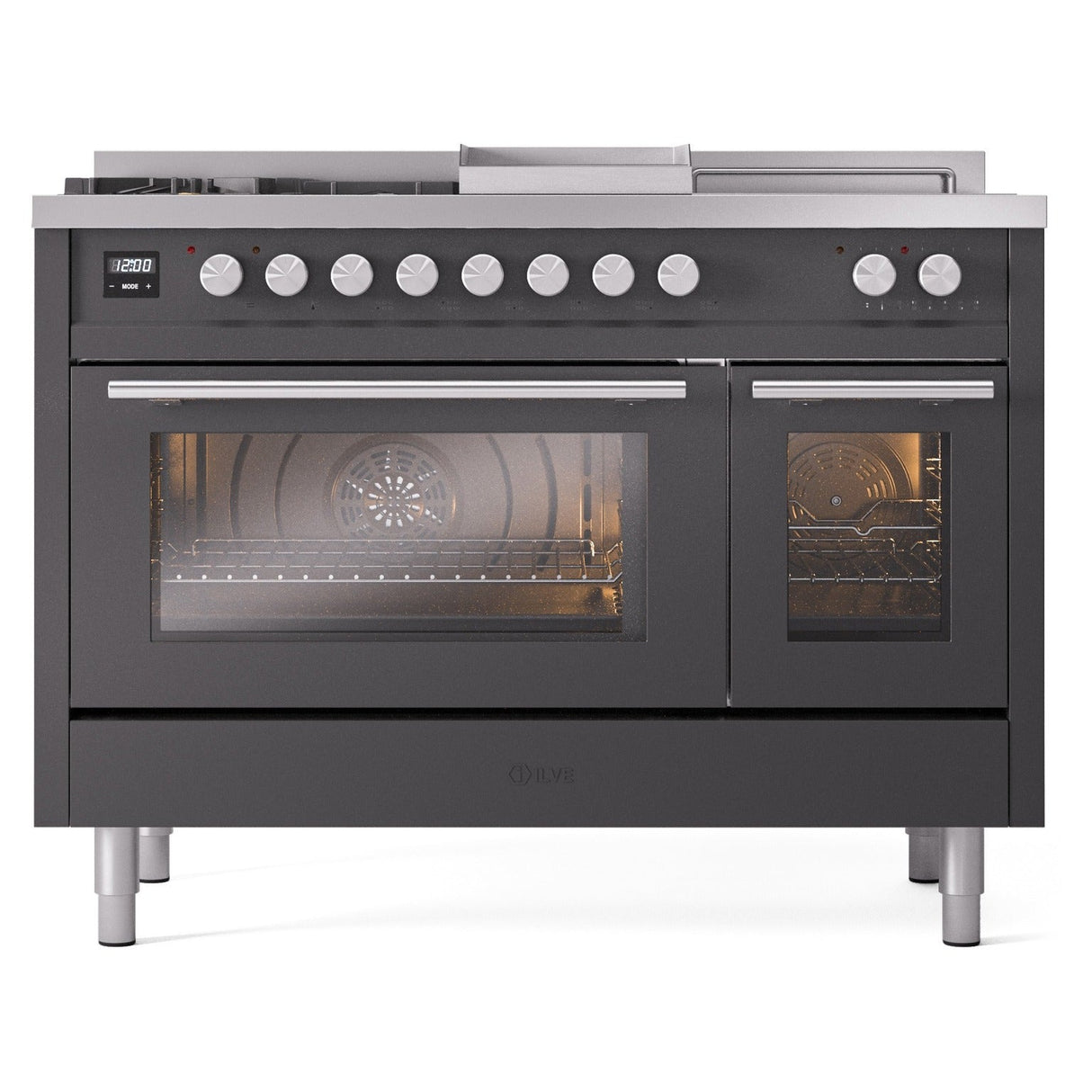 ILVE Professional Plus II 48-inch Natural Gas Dual Fuel Range with 5 Burners, Griddle, & French Top with Triple Glass Door Oven in Matte Graphite (UP48FSWMPMG)