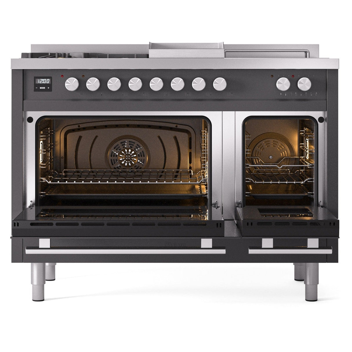 ILVE Professional Plus II 48-inch Natural Gas Dual Fuel Range with 5 Burners, Griddle, & French Top with Triple Glass Door Oven in Matte Graphite (UP48FSWMPMG)