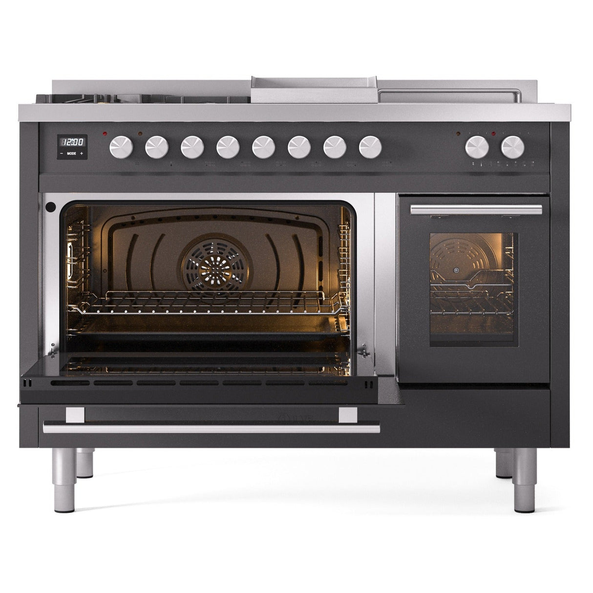 ILVE Professional Plus II 48-inch Natural Gas Dual Fuel Range with 5 Burners, Griddle, & French Top with Triple Glass Door Oven in Matte Graphite (UP48FSWMPMG)