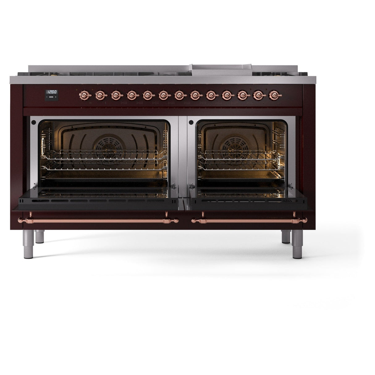 ILVE 60-Inch Nostalgie II Natural Gas Dual Fuel Range with 9 Burners, Griddle and Triple Glass Door Oven in Burgundy with Copper Trim (UP60FNMPBUP)