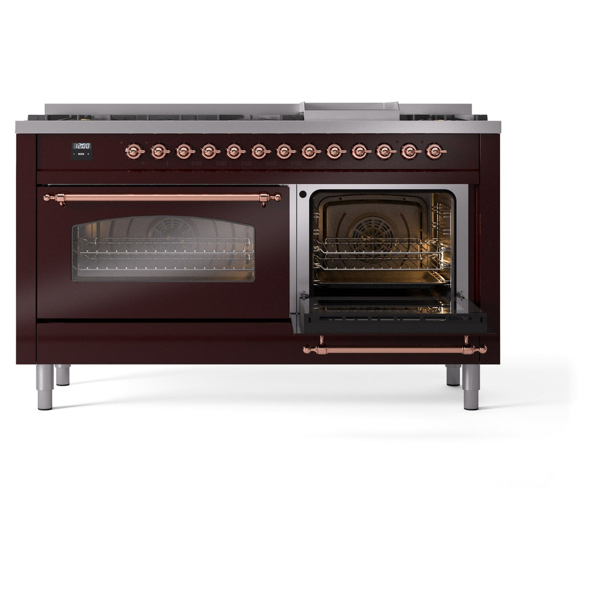 ILVE 60-Inch Nostalgie II Natural Gas Dual Fuel Range with 9 Burners, Griddle and Triple Glass Door Oven in Burgundy with Copper Trim (UP60FNMPBUP)