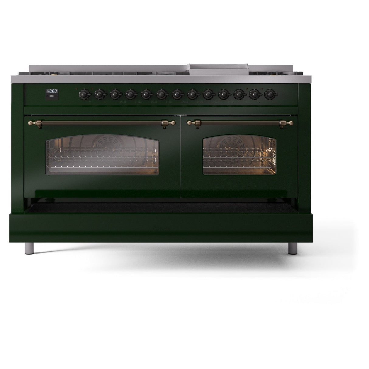 ILVE 60-Inch Nostalgie II Natural Gas Dual Fuel Range with 9 Burners, Griddle and Triple Glass Door Oven in Emerald Green with Bronze Trim (UP60FNMPEGB)