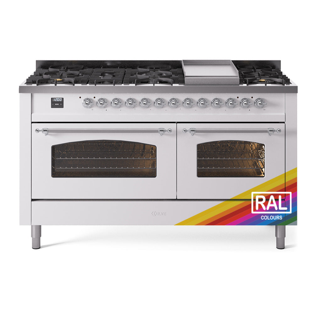 ILVE 60-Inch Nostalgie II Propane Gas Dual Fuel Range with 9 Burners, Griddle and Triple Glass Door Oven in Custom RAL with Chrome Trim (UP60FNMPRACLP)