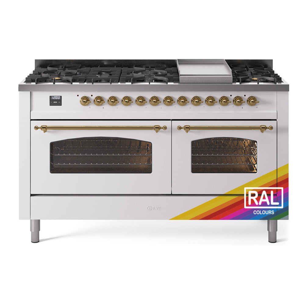 ILVE 60-Inch Nostalgie II Propane Gas Dual Fuel Range with 9 Burners, Griddle and Triple Glass Door Oven in RAL with Brass Trim (UP60FNMPRAGLP)