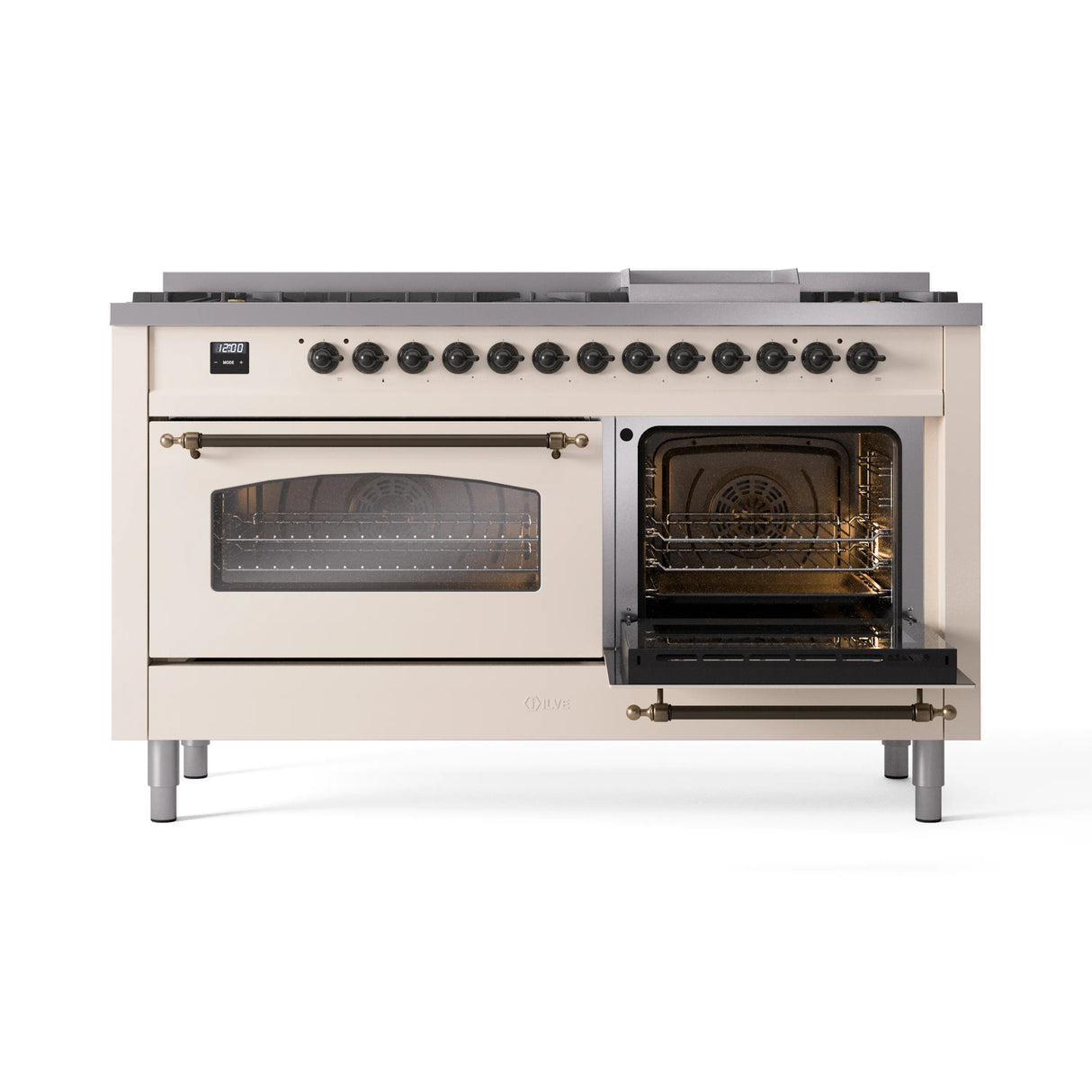 ILVE 60-Inch Nostalgie II Natural Gas Dual Fuel Range with 9 Burners, Griddle and Triple Glass Door Oven in Antique White with Bronze Trim (UP60FNMPAWB)