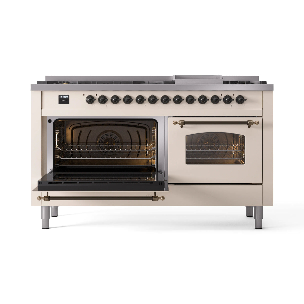 ILVE 60-Inch Nostalgie II Natural Gas Dual Fuel Range with 9 Burners, Griddle and Triple Glass Door Oven in Antique White with Bronze Trim (UP60FNMPAWB)
