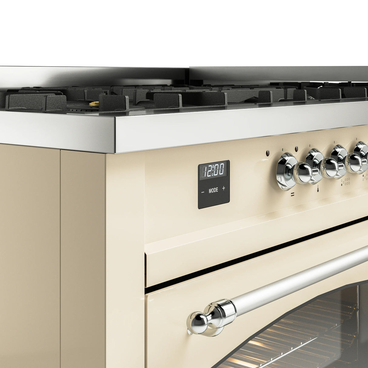 ILVE 60-Inch Nostalgie II Natural Gas Dual Fuel Range with 9 Burners, Griddle and Triple Glass Door Oven in Antique White with Chrome Trim (UP60FNMPAWC)