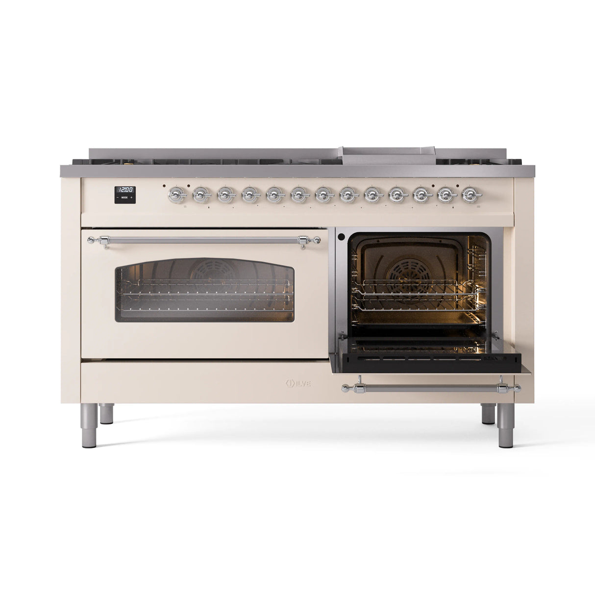 ILVE 60-Inch Nostalgie II Natural Gas Dual Fuel Range with 9 Burners, Griddle and Triple Glass Door Oven in Antique White with Chrome Trim (UP60FNMPAWC)
