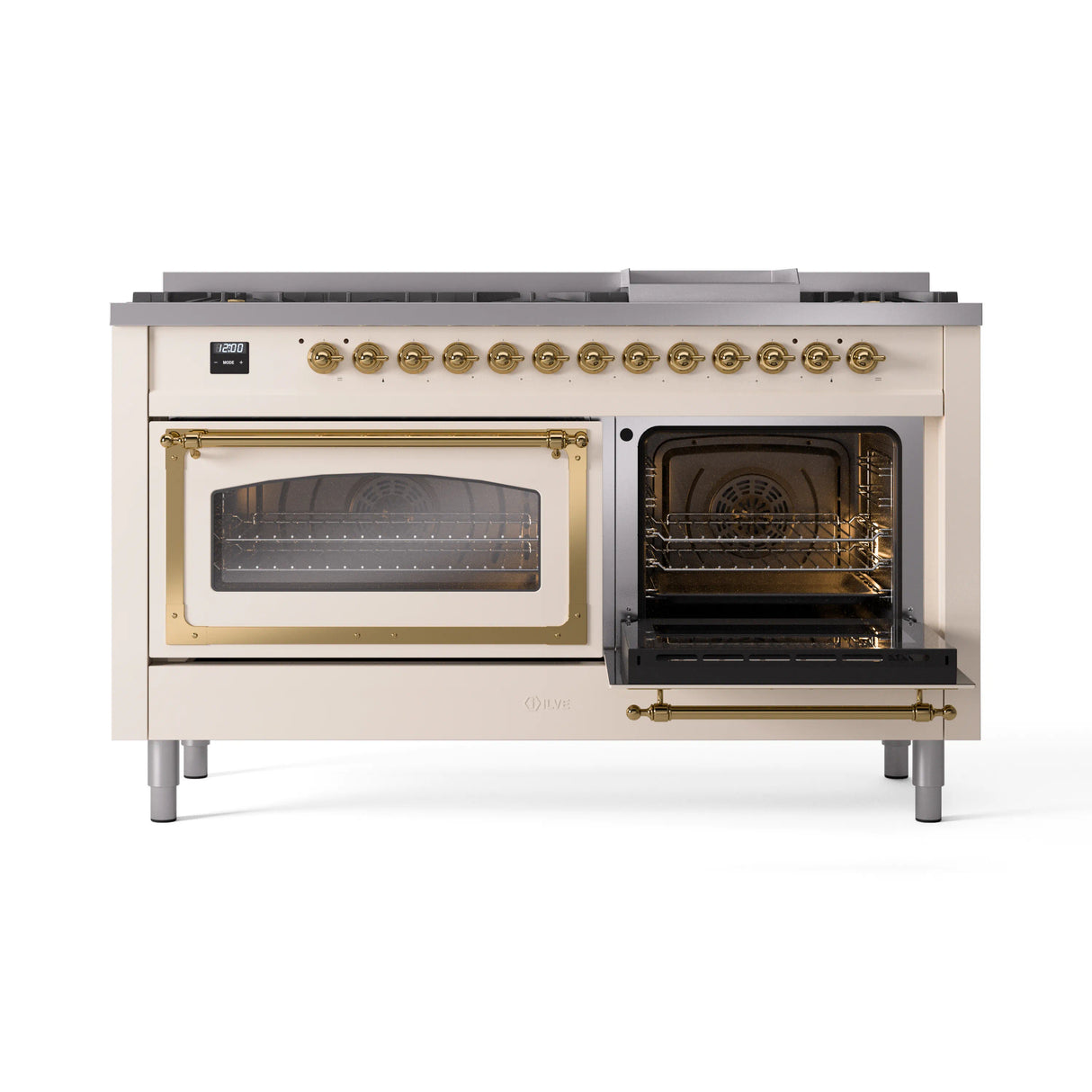 ILVE 60-Inch Nostalgie II Noblesse Propane Gas Dual Fuel Range with 9 Sealed Burners, Griddle, Triple Glass Door Oven in Antique White with Brass Trim (UN60FNMPAWGLP)