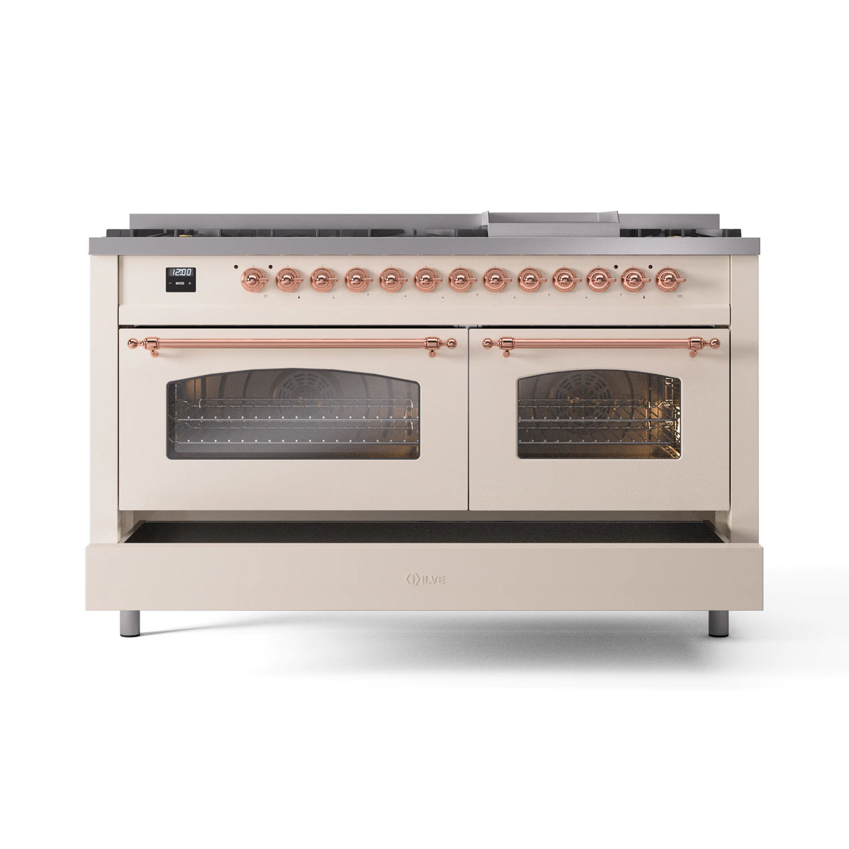 ILVE 60-Inch Nostalgie II Natural Gas Dual Fuel Range with 9 Burners, Griddle and Triple Glass Door Oven in Antique White with Copper Trim (UP60FNMPAWP)
